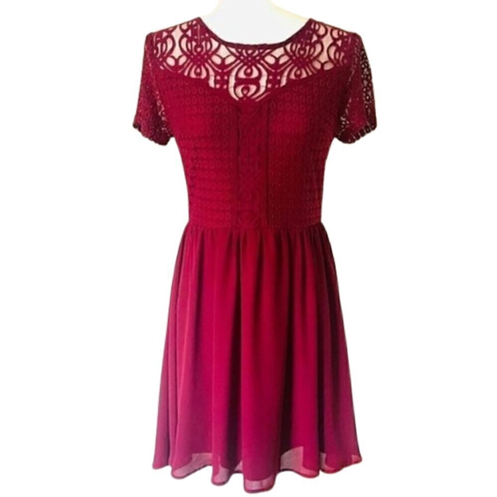 Alya by Francesca's Collection Burgundy Lace Top Mini Dress